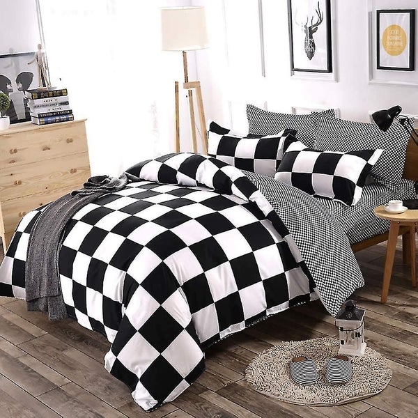Plaid Duvet Cover + 2 X Pillowcases- Black And White Geometric Reversible Beddin Carousel 1