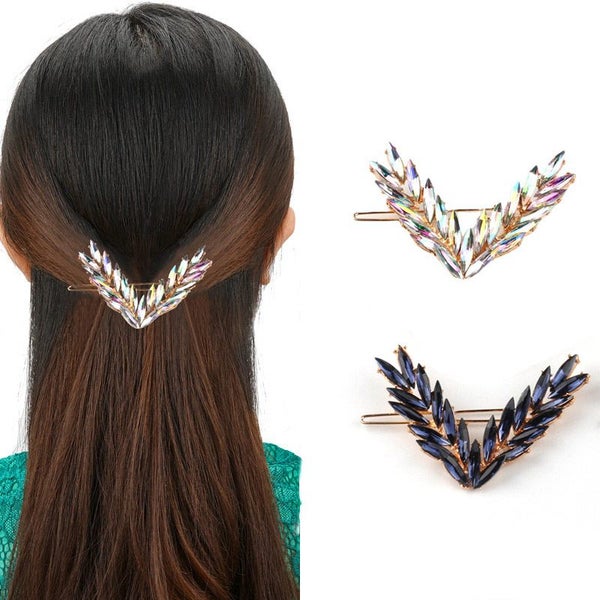 2 Pcs Women Hair Clip Korean Style V Shaped Rhinestone Side Clip Leaf Carousel 1