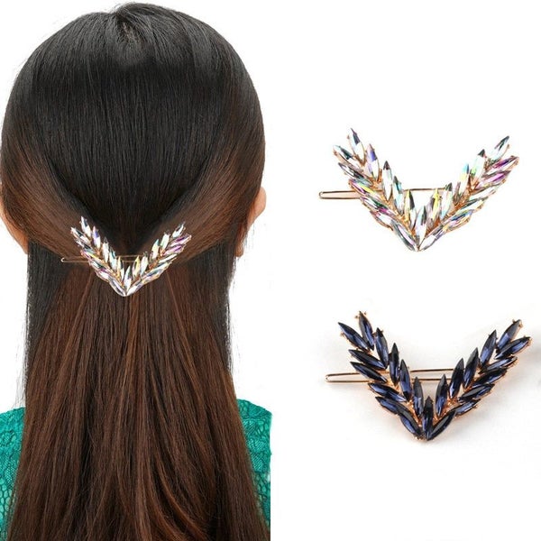 2 Pcs Women Hair Clip Korean Style V Shaped Rhinestone Side Clip Leaf Carousel 2