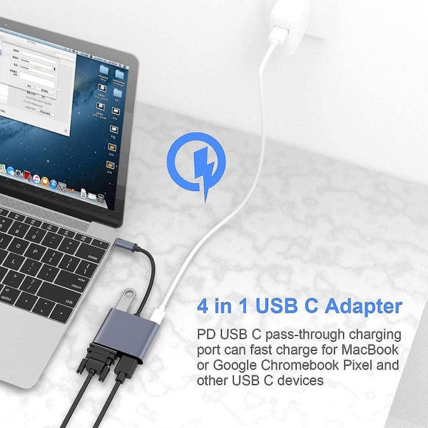 Usb C To Vga Hdmi Adapter, 4 In 1 Type C Hub To Vga Hdmi 4k Uhd With 87w Pd Char Carousel 5