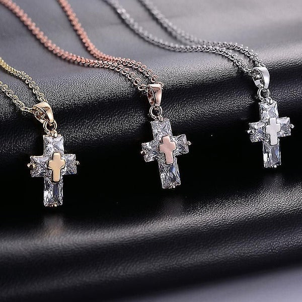 Tiny Trendy Cubic Zirconia Cross Pendant Top Quality Clear Crystal Gold Necklace Carousel 3