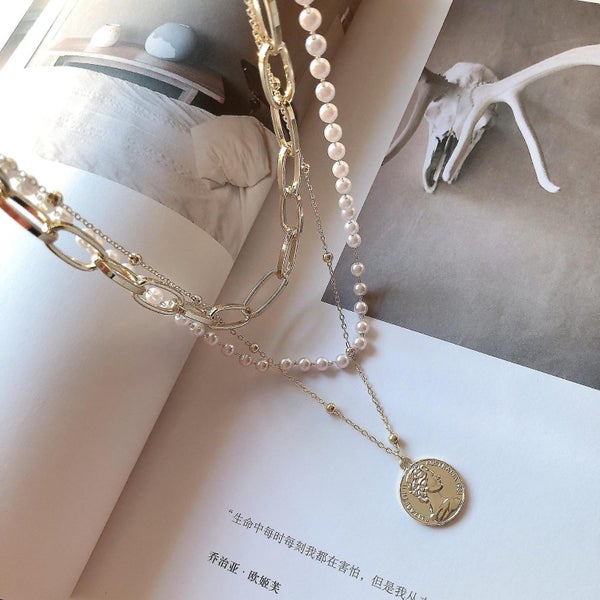 Vintage Multilayer Coin Pearl Pendant Necklace Boxumiya Double Layer Chain Neckl Carousel 1