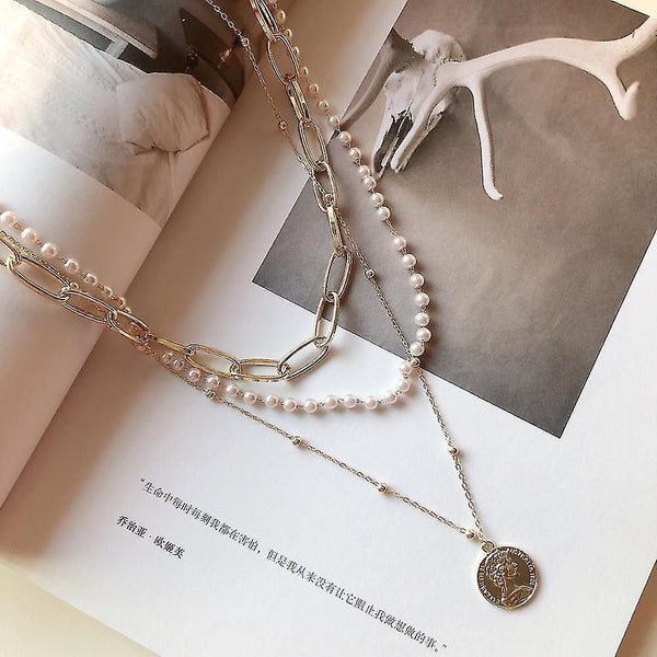 Vintage Multilayer Coin Pearl Pendant Necklace Boxumiya Double Layer Chain Neckl Carousel 3