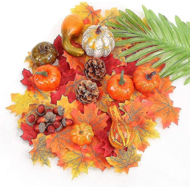 Artificial Pumpkins Wreath Autumn Fall Harvest Set With Maple Leaves, Acorns Carousel 1