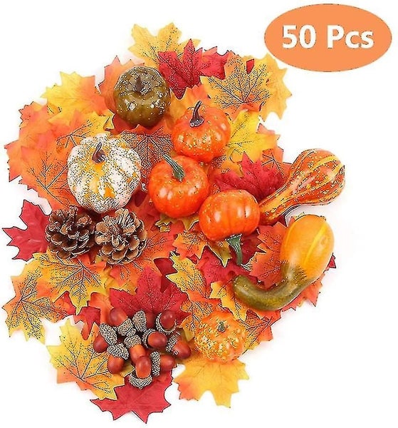 Artificial Pumpkins Wreath Autumn Fall Harvest Set With Maple Leaves, Acorns Carousel 2