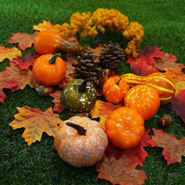 Artificial Pumpkins Wreath Autumn Fall Harvest Set With Maple Leaves, Acorns Carousel 5