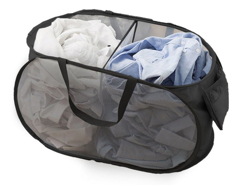 2-Compartment Popup Laundry Basket Collapsible Mesh Clothes Storage Basket Black Carousel 1