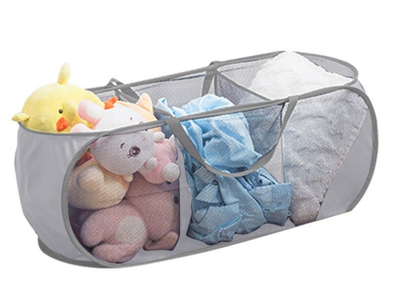 3-Compartment Popup Laundry Basket Collapsible Mesh Clothes Storage Basket Grey Carousel 1