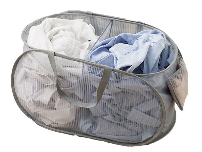 2-Compartment Popup Laundry Basket Collapsible Mesh Clothes Storage Basket Grey Carousel 1