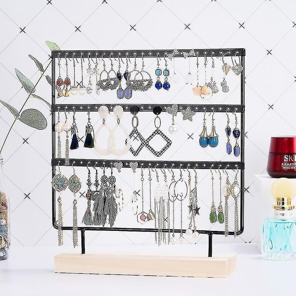 Earring Organizer Holder 3-layer 72 Holes Earring Holder Jewelry Tower With Wood Carousel 2