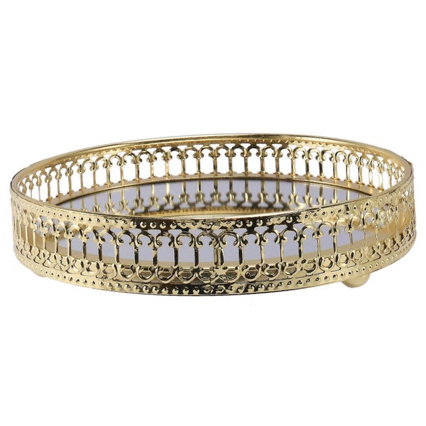 Golden Iron Jewelry Storage Tray Glass Mirror Makeup Manager Desktop Cosmetic De Carousel 1