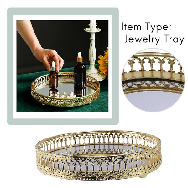 Golden Iron Jewelry Storage Tray Glass Mirror Makeup Manager Desktop Cosmetic De Carousel 2