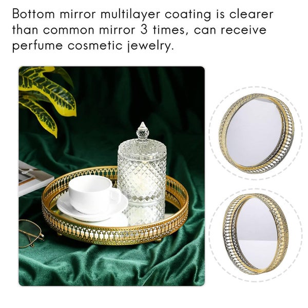 Golden Iron Jewelry Storage Tray Glass Mirror Makeup Manager Desktop Cosmetic De Carousel 5