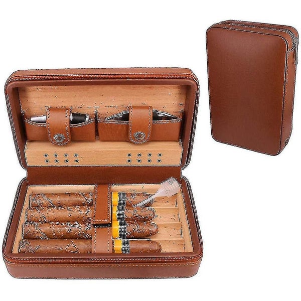 Leather Travel Cigar Humidor Case, Portable Cedar Wood With Humidifier Humidifie64436003374977110