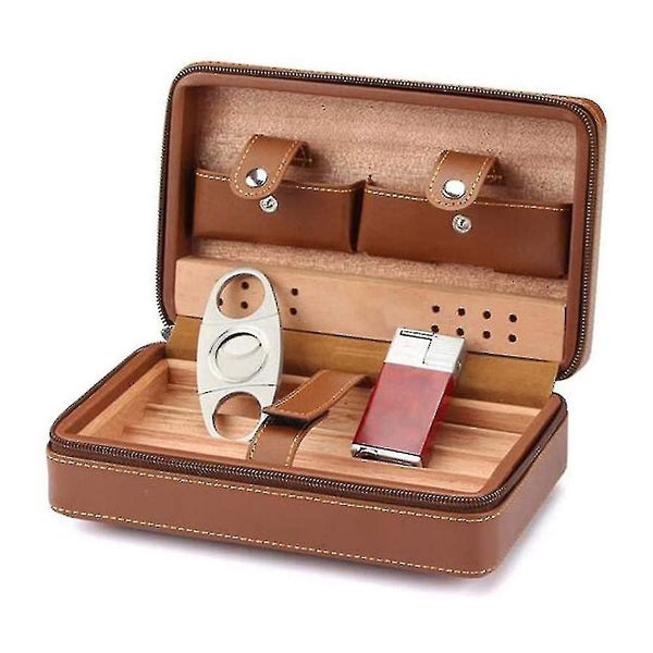 Leather Travel Cigar Humidor Case, Portable Cedar Wood With Humidifier Humidifie64436003374977111