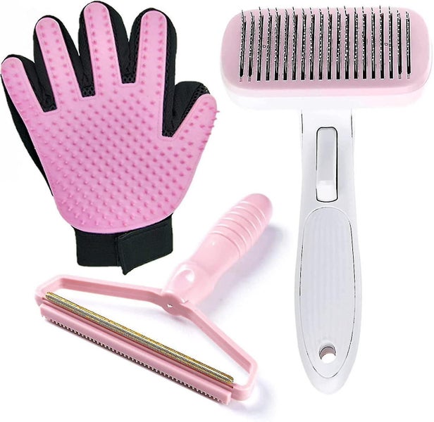 Pet Hair Brush Set. Self Cleaning Slicker Brush+grooming Glove+lint Remover Gift Carousel 1