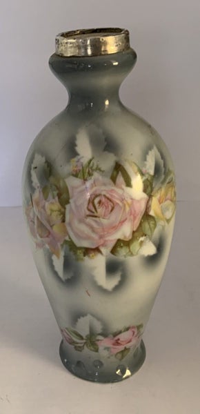 DATED 1922 = STERLING SILVER TOP on CHINA VASE = A PINK BOUQUET OF ROSES ON BLUE