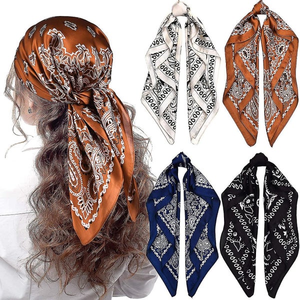 4 Pieces 27 Inch Satin Headband Scarves Silk Feeling Bandana Boho Head Scarves F Carousel 1