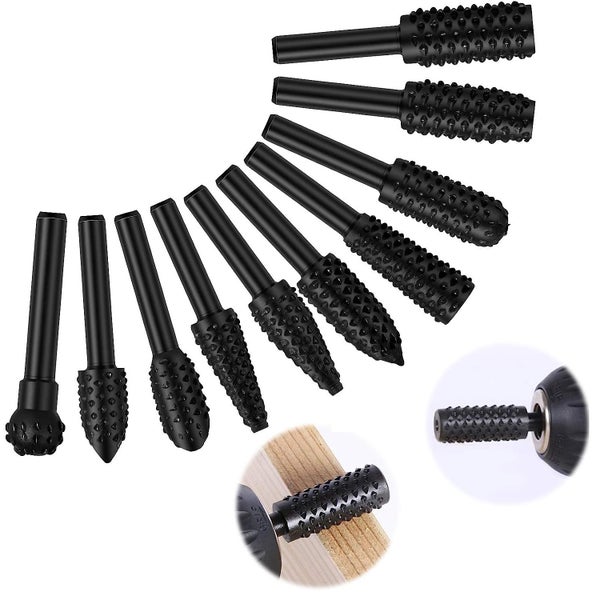 10PCS Black Rotary Burr Wood Rasp/Drill/Carving Bits Power Wood Carving Bits Set Carousel 1