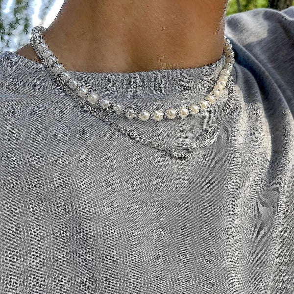 Hip Hop Retro Imitation Pearl Men's Necklace, White K Set 2564,,aespa Carousel 1