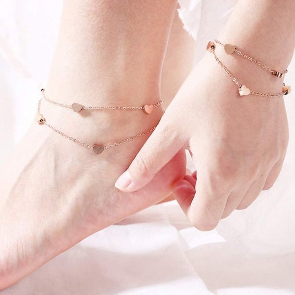 Rose Gold Women's Anklet, With Hearts And Stars, Double Chain For Women And Girl Carousel 2