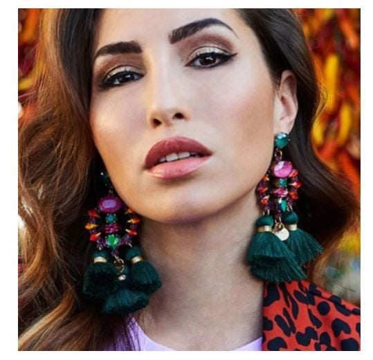 New long crystal earrings green red pink statement tassel prom wedding cocktail Carousel 1