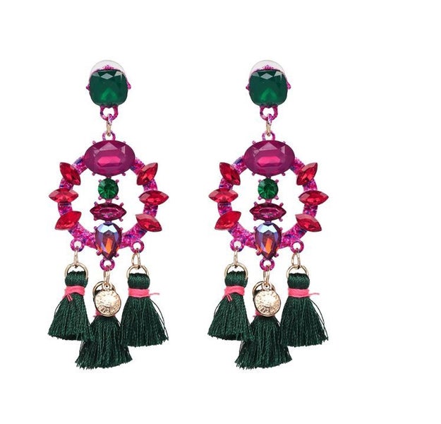 New long crystal earrings green red pink statement tassel prom wedding cocktail Carousel 2