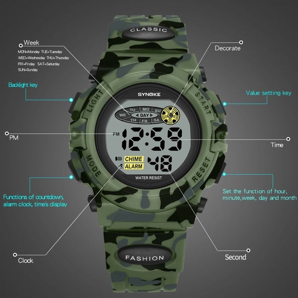 SYNOKE Sports Camo Green Military Kids Digital Watch Carousel 2