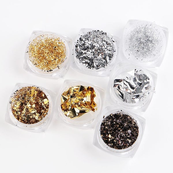 7 Boxes Aluminum Nail Flakes Foils Set Gold Silver Irregular Carousel 1