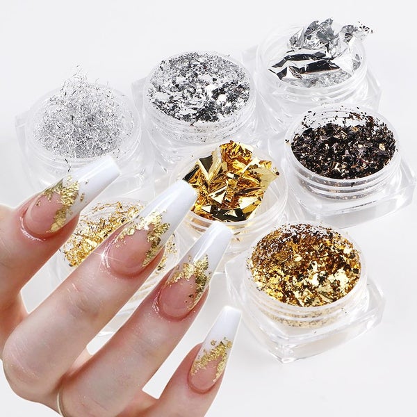 7 Boxes Aluminum Nail Flakes Foils Set Gold Silver Irregular Carousel 2
