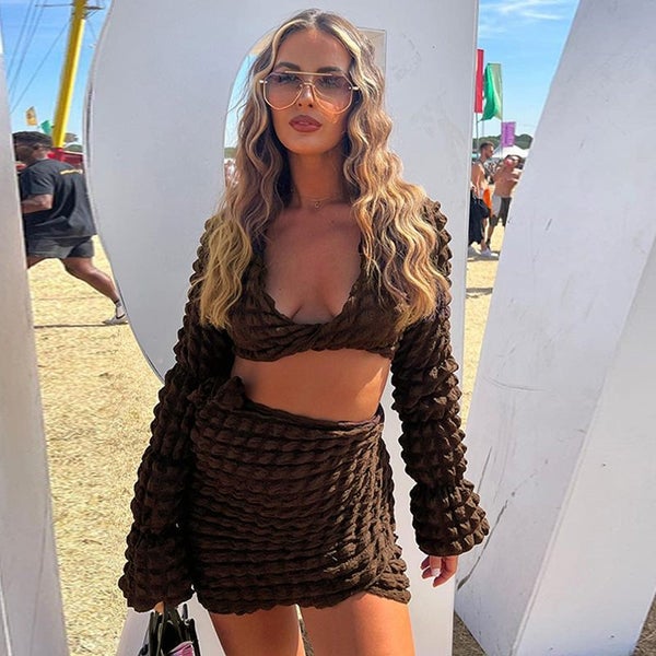 Adogirl Summer Sexy Solid Two Piece Set for Women Long Sleeve Crop Carousel 2