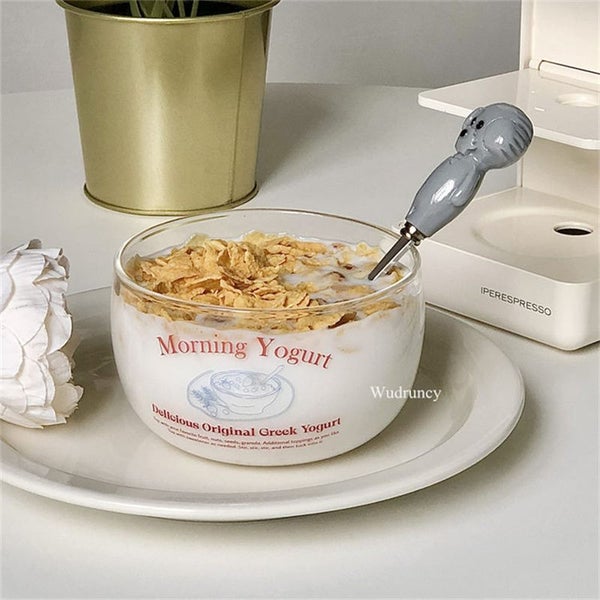 Wudruncy Glass Bowl Letter Pattern Glass Yogurt Cup 12oz/350ml Cereal Carousel 2