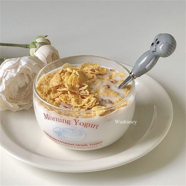 Wudruncy Glass Bowl Letter Pattern Glass Yogurt Cup 12oz/350ml Cereal Carousel 7