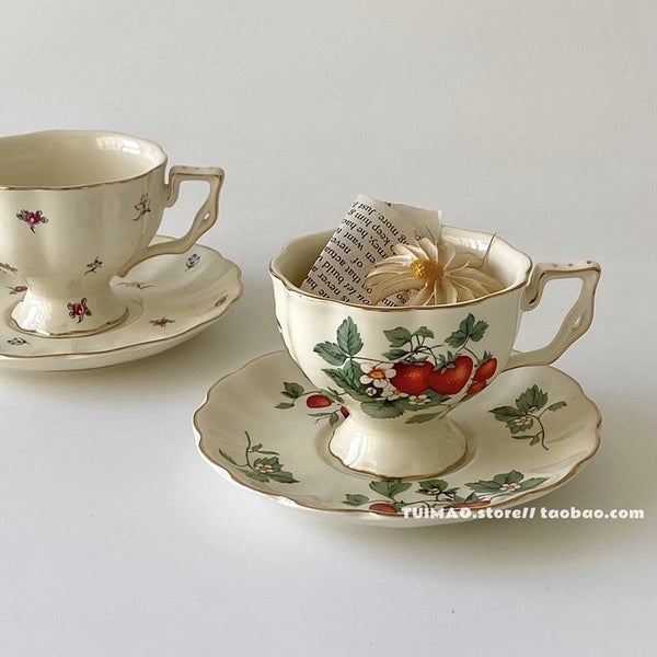 French Vintage Porcelain Strawberry Cup And Saucer British Court Carousel 2