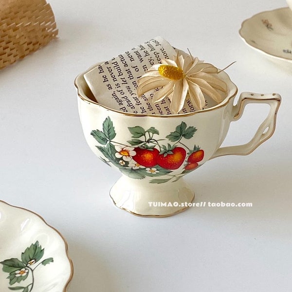 French Vintage Porcelain Strawberry Cup And Saucer British Court Carousel 7