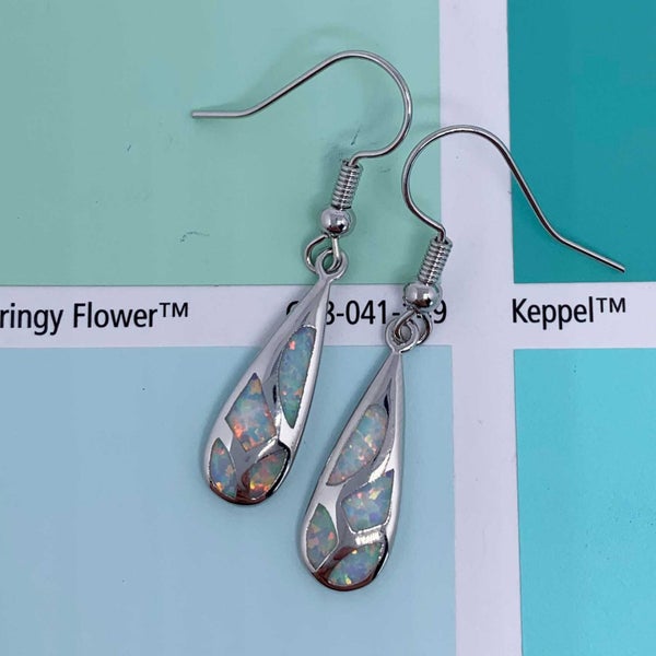 925 Sterling Silver Opal Drop Earrings "Leland" (White) Carousel 2