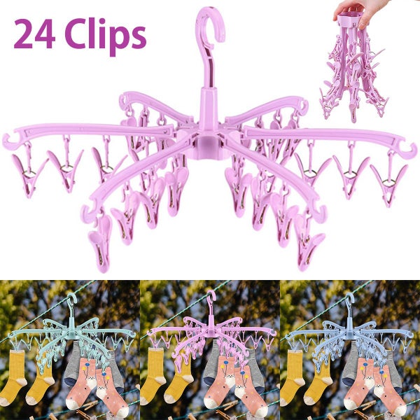 Sock Drying Rack 24 Clips Plastic Laundry Clothes Hanger Rotatable Carousel 2