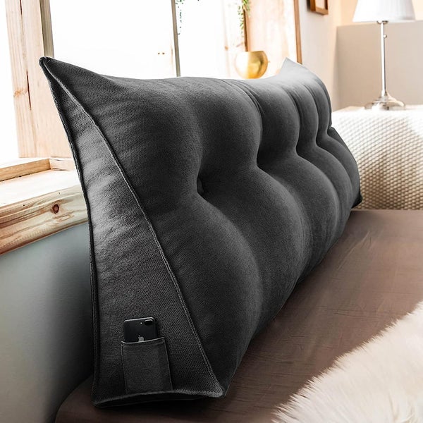 120CM Cotton Linen Filled Triangular Wedge Bed Cushion-Black Gray Carousel 2