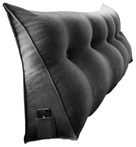 120CM Cotton Linen Filled Triangular Wedge Bed Cushion-Black Gray Carousel 9