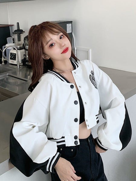 Zoki Sexy Cropped Baseball Jackets Women Harajuku Patchwork Carousel 1