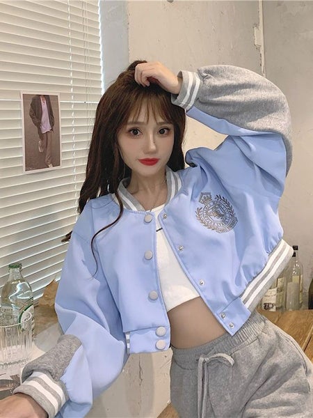 Zoki Sexy Cropped Baseball Jackets Women Harajuku Patchwork Carousel 2