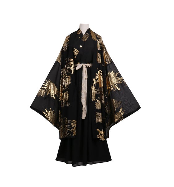 Japanese Bronzing Black Gold Kimono Dress Men Samurai Costume Cosplay Carousel 1