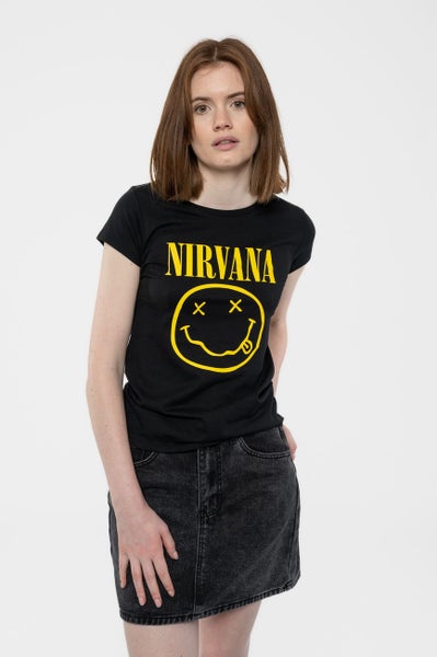 Nirvana T Shirt Yellow Smile Band Logo new Official Womens Skinny Fit Black Carousel 4