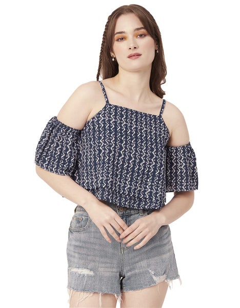 Moomaya Women Printed Off Shoulder Viscose Top, Ruffled Summer Crop Carousel 1