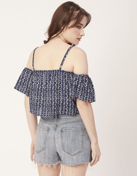 Moomaya Women Printed Off Shoulder Viscose Top, Ruffled Summer Crop Carousel 2