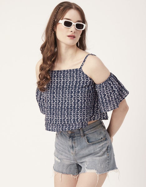 Moomaya Women Printed Off Shoulder Viscose Top, Ruffled Summer Crop Carousel 8