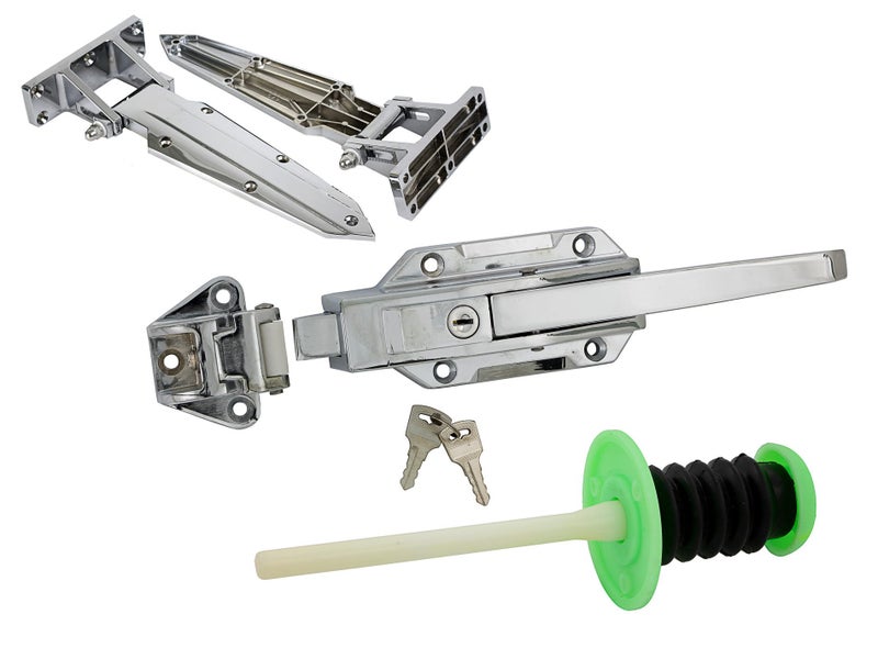 Coolroom Door Latch with Lock & Push Release + 2x 360mm Hinges Chrome Aluminium Carousel 1