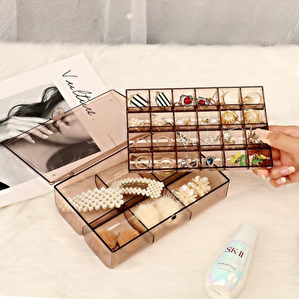 2 Layers Aesthetic Jewelry Holder|Transparent 32 Grid Jewelry Storage Box Organi Carousel 1