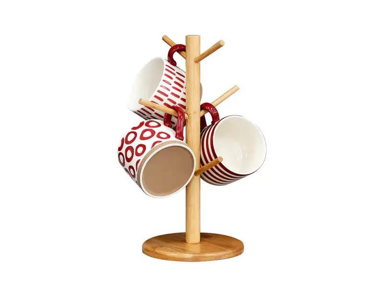 6 Hooks Bamboo Mug Rack Stand Tree Coffee Tea Cup Holder Storage Rack Hanger Carousel 1