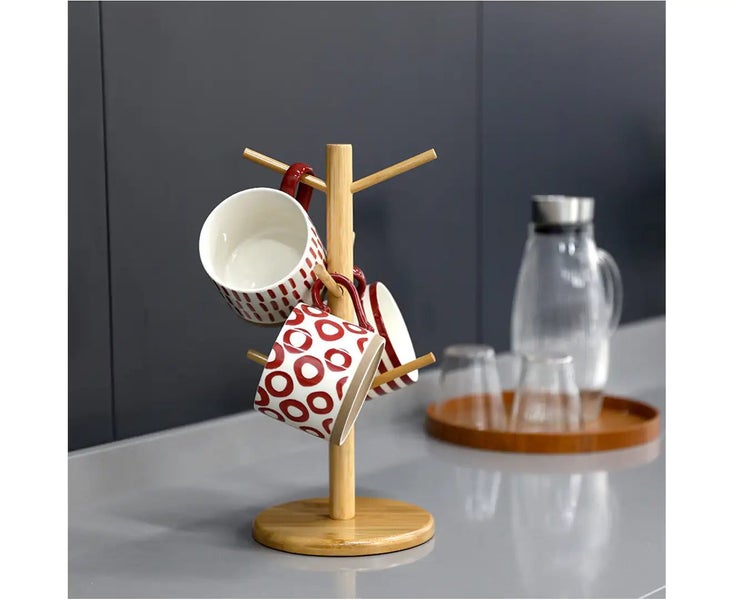 6 Hooks Bamboo Mug Rack Stand Tree Coffee Tea Cup Holder Storage Rack Hanger Carousel 4